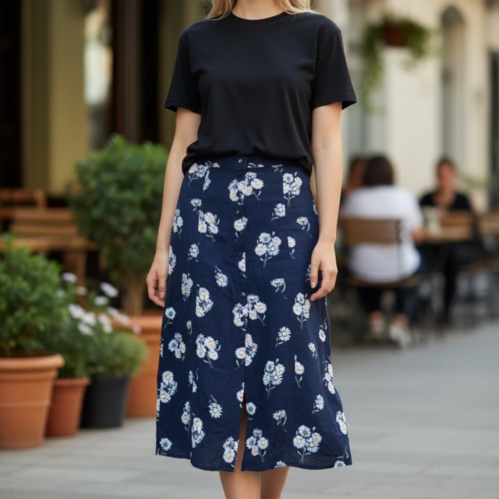 H&M Navy Floral Daisy Button Front Midi Skirt Size 6
